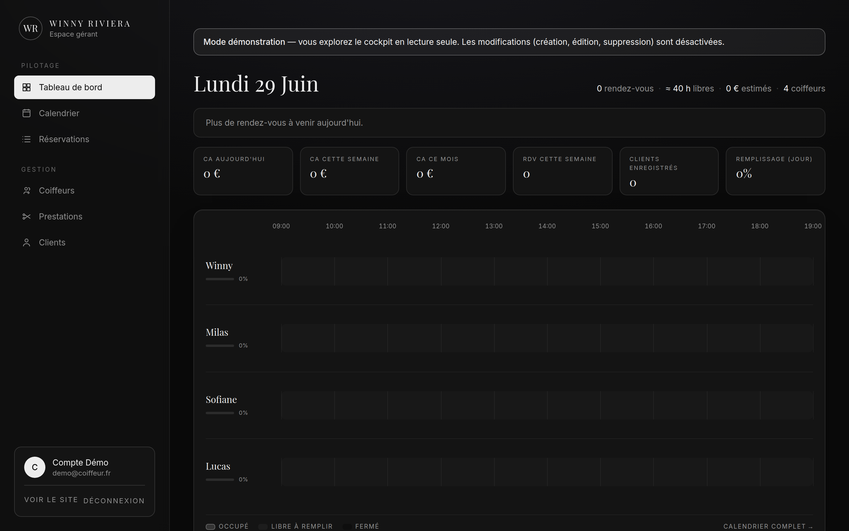 Plateforme coiffure — cockpit de gestion du salon